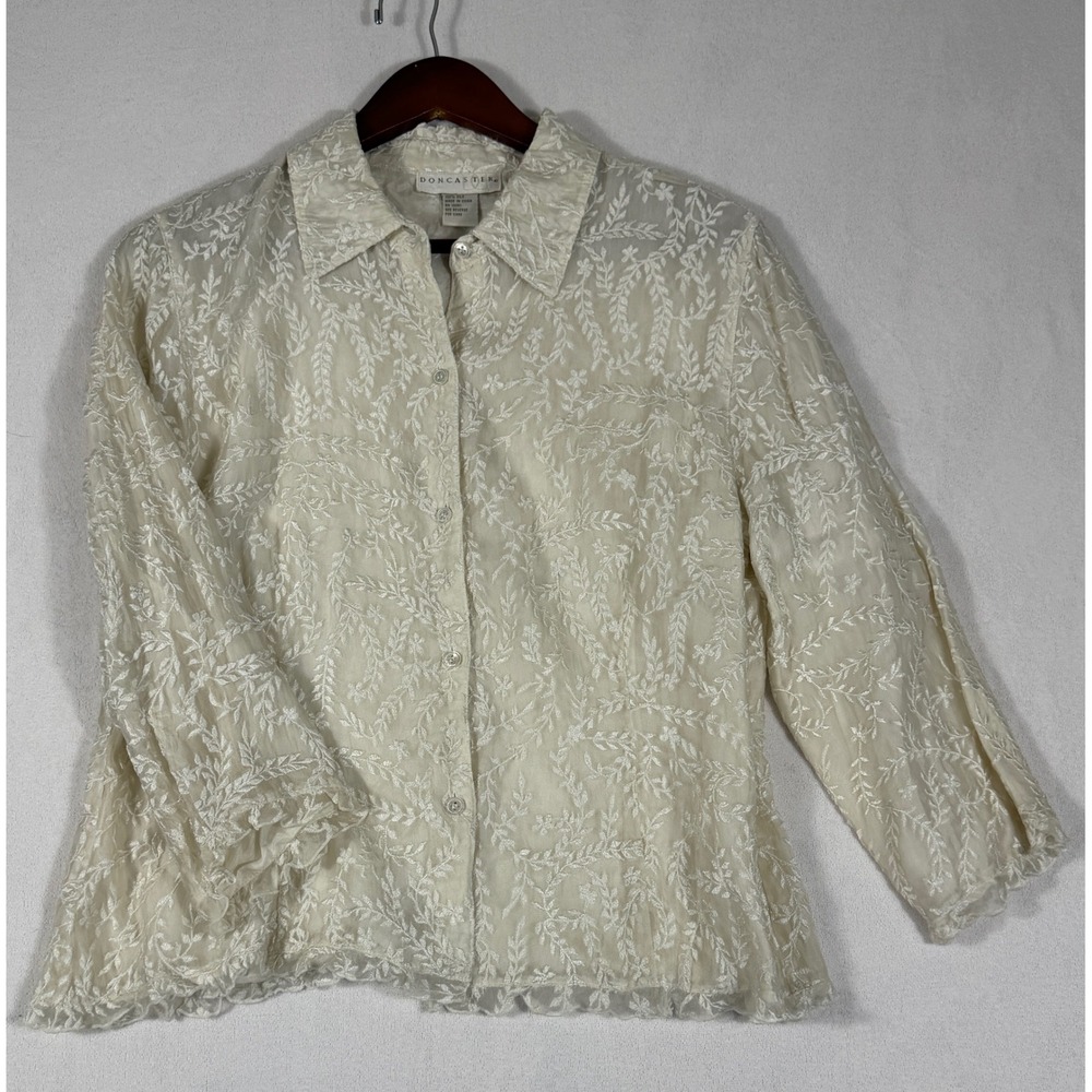 Doncaster Ivory 100% Silk Embroidered Floral Vine Button Down Blouse Shirt Top 8